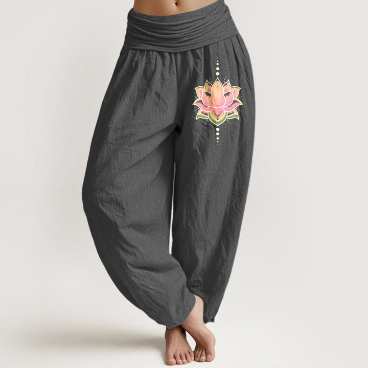 Pantalon Buddha Stones taille élastique en pur coton rose motif fleur de lotus pour femme - Gris terne - US22，UK/AU26，EU54 (6XL) - image 11