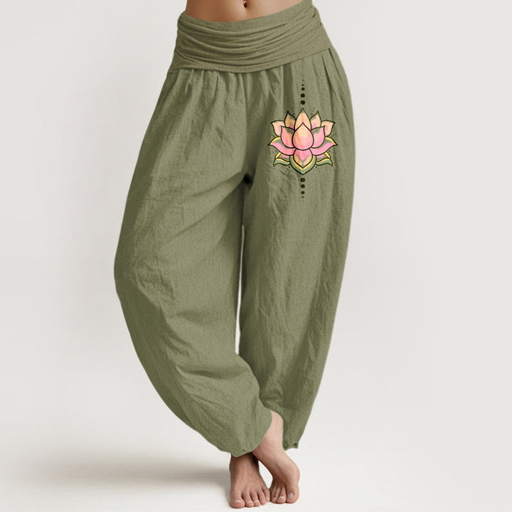 Pantalon Buddha Stones taille élastique en pur coton rose motif fleur de lotus pour femme - OliveDrab - US22，UK/AU26，EU54 (6XL) - image 14
