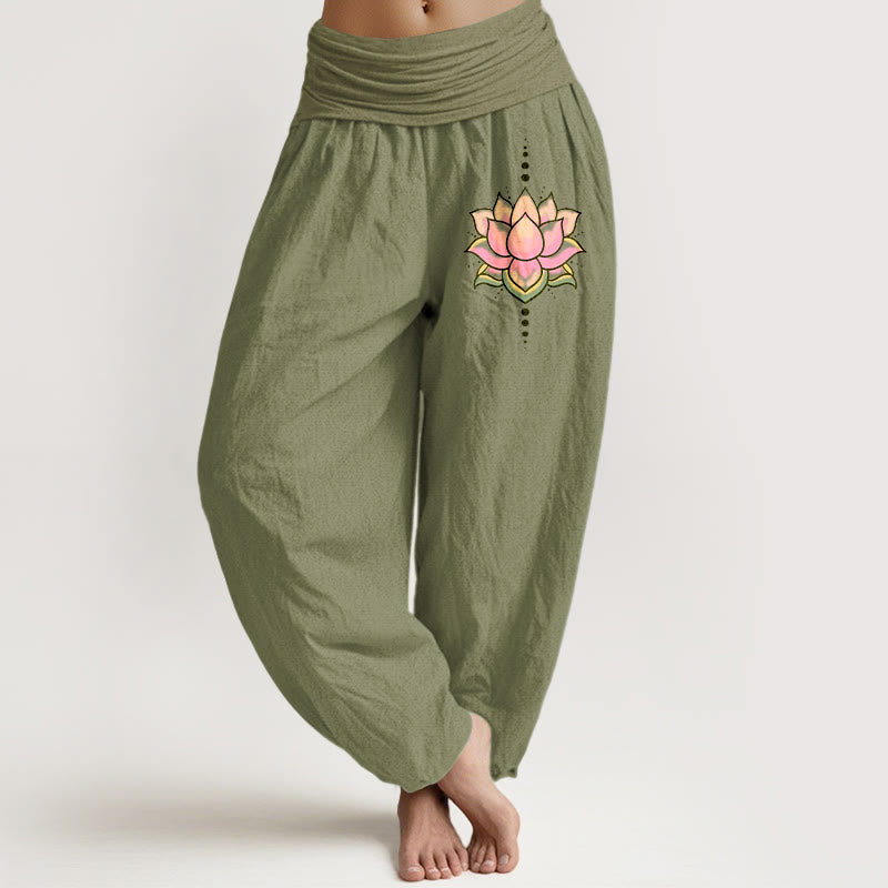 Pantalon Buddha Stones taille élastique en pur coton rose motif fleur de lotus pour femme - Vert olive - US22，UK/AU26，EU54 (6XL) - image 14