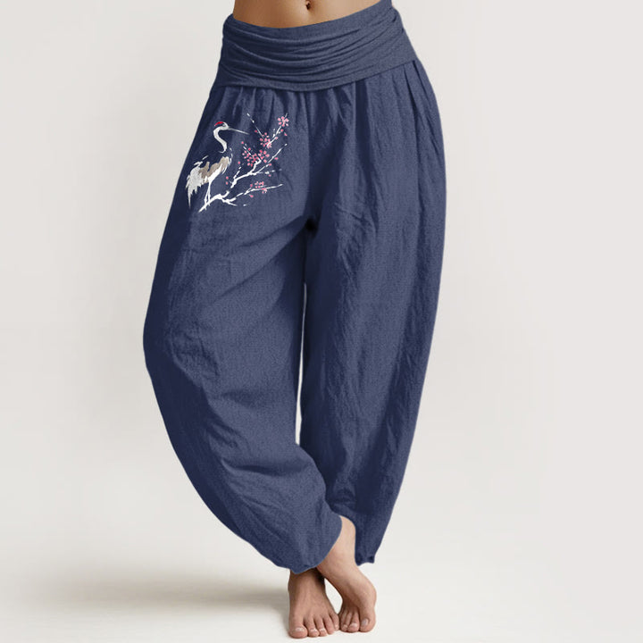 Pantalon sarouel en pur coton pour femme , Buddha Stones, pierres, grues et branches fleuries, taille élastique - Bleu ardoise foncé - US22，UK/AU26，EU54 (6XL) - image 0