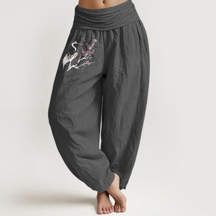 Pantalon sarouel en pur coton pour femme , Buddha Stones, pierres, grues et branches fleuries, taille élastique - Gris sombre - US22，UK/AU26，EU54 (6XL) - image 8