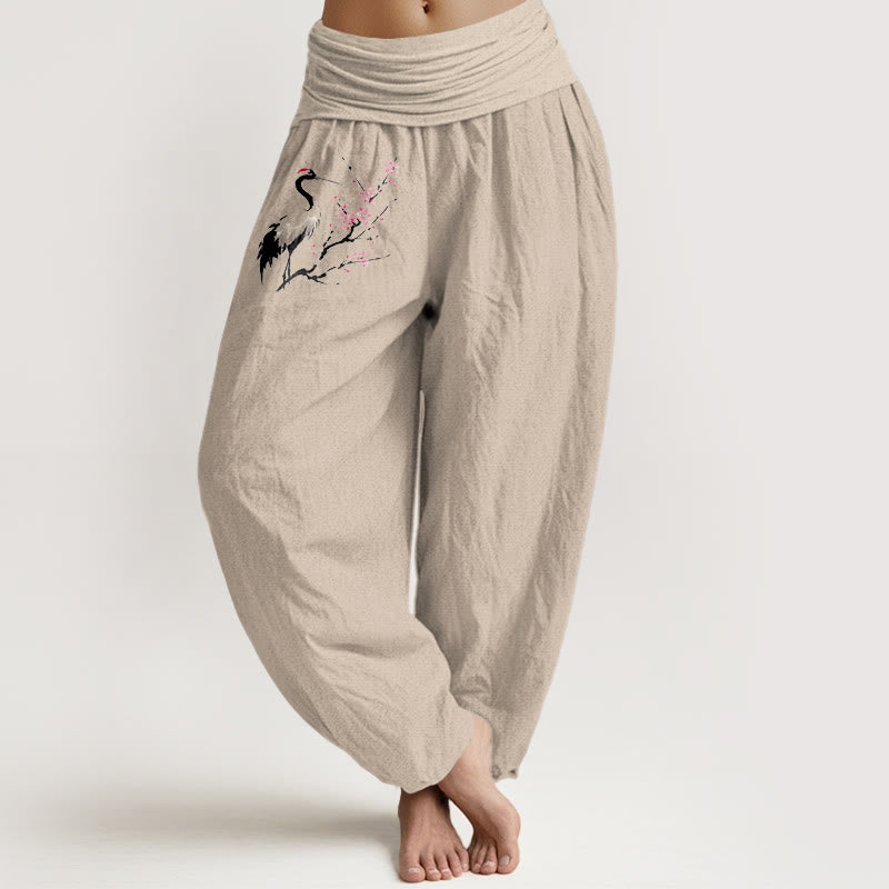Pantalon sarouel en pur coton pour femme , Buddha Stones, pierres, grues et branches fleuries, taille élastique - Tanné - US22，UK/AU26，EU54 (6XL) - image 11