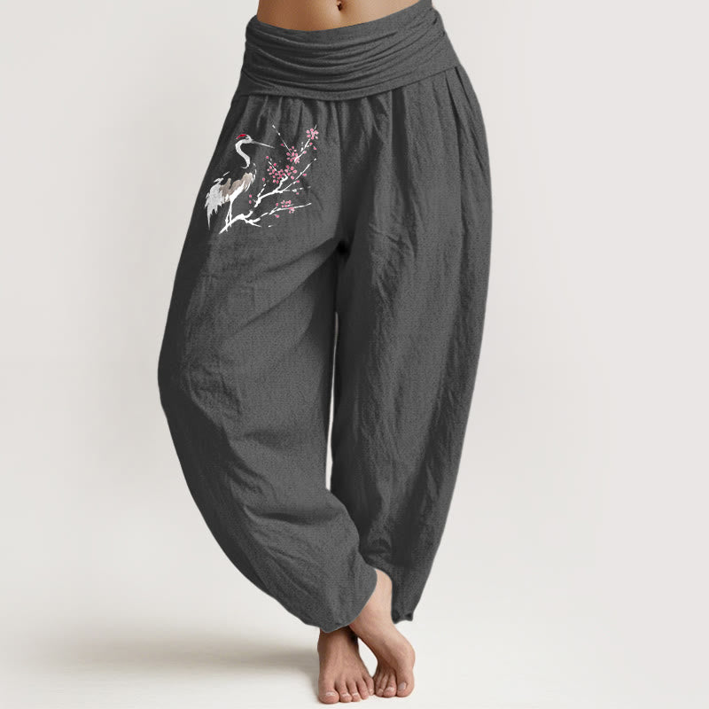 Pantalon sarouel en pur coton pour femme , Buddha Stones, pierres, grues et branches fleuries, taille élastique - Gris foncé - US22，UK/AU26，EU54 (6XL) - image 8