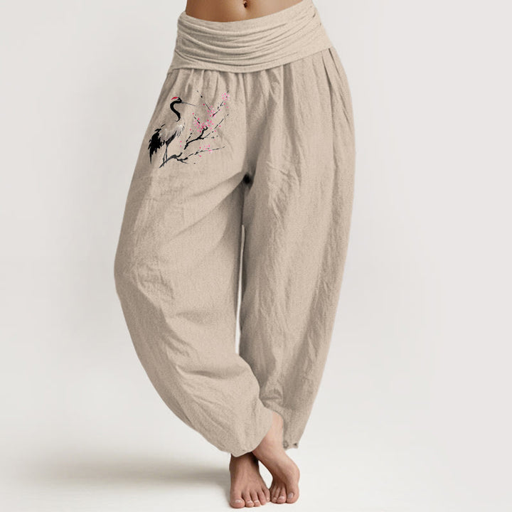 Pantalon sarouel en pur coton pour femme , Buddha Stones, pierres, grues et branches fleuries, taille élastique - Tanné - US22，UK/AU26，EU54 (6XL) - image 11