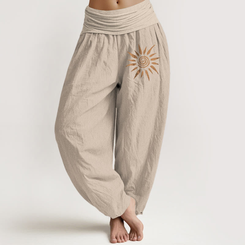 Pantalon sarouel en pur coton pour femme, taille élastique, motif soleil et Buddha Stones - Tanné - US22，UK/AU26，EU54 (6XL) - image 11