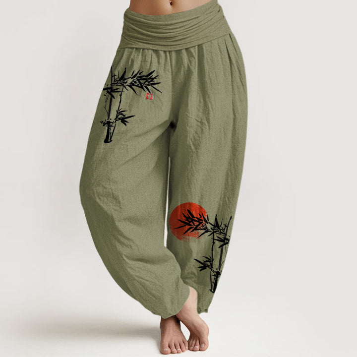 Pantalon Buddha Stones de bambou et soleil rouge - Vert olive - US22，UK/AU26，EU54 (6XL) - image 0