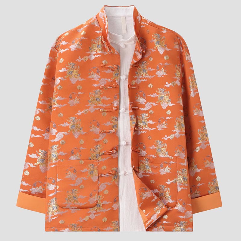 Veste homme à manches longues et boutons grenouille avec poches, Buddha Stones, orange, Kirin, nuages ​​de bon augure - image 2
