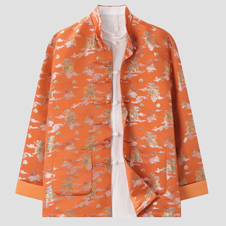 Veste homme à manches longues et boutons grenouille avec poches, Buddha Stones, orange, Kirin, nuages ​​de bon augure - image 2