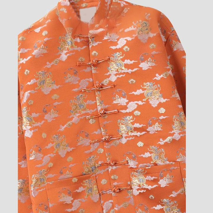 Veste homme à manches longues et boutons grenouille avec poches, Buddha Stones, orange, Kirin, nuages ​​de bon augure - image 3