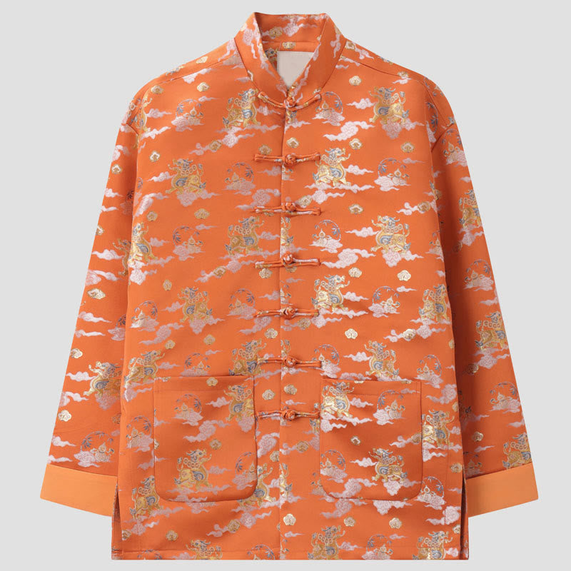 Veste homme à manches longues et boutons grenouille avec poches, Buddha Stones, orange, Kirin, nuages ​​de bon augure - Orange foncé - US/UK/AU44，EU54 (4XL) - image 0