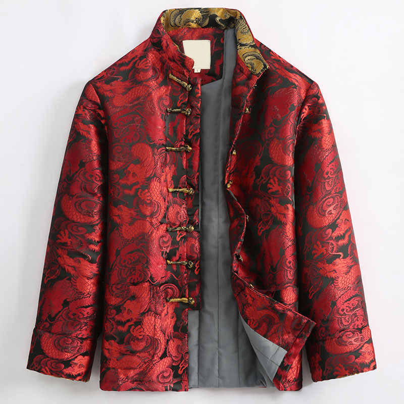 Veste d'hiver chaude à manches longues et boutons grenouille en jacquard motif dragon Buddha Stones pour homme avec poches - Rouge - US/UK/AU44，EU54 (4XL) - image 13