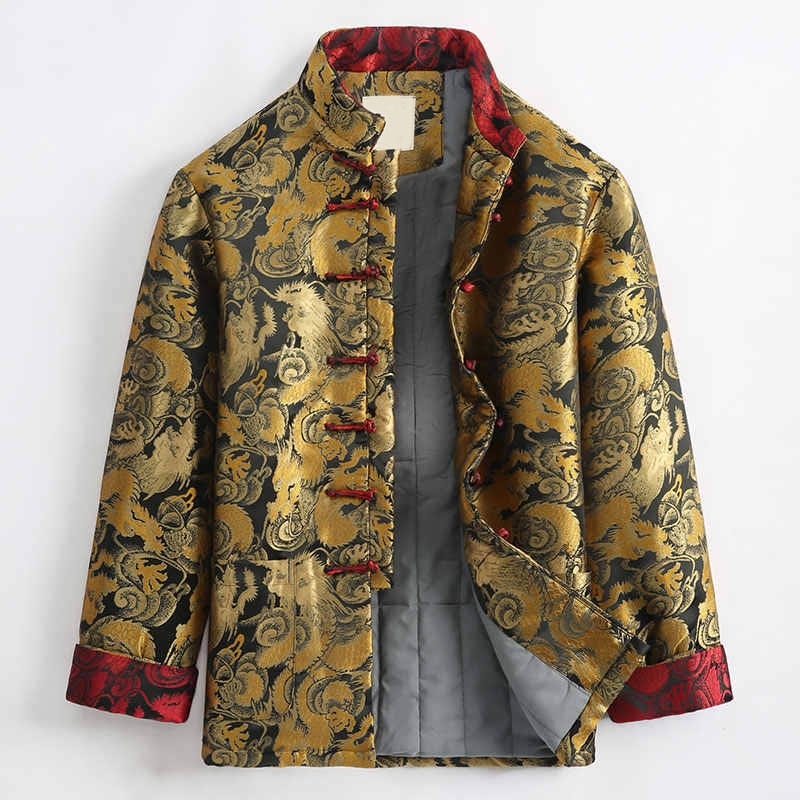 Veste d'hiver chaude à manches longues et boutons grenouille en jacquard motif dragon Buddha Stones pour homme avec poches - Verge d'or - US/UK/AU44，EU54 (4XL) - image 0