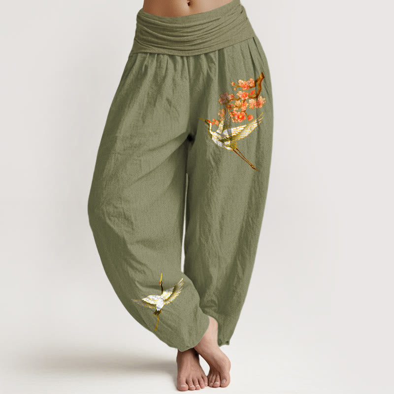 Pantalon sarouel en pur coton à taille élastique pour femme, motif grue et fleur de pêcher, motif Buddha Stones - OliveDrab - US22，UK/AU26，EU54 (6XL) - image 14