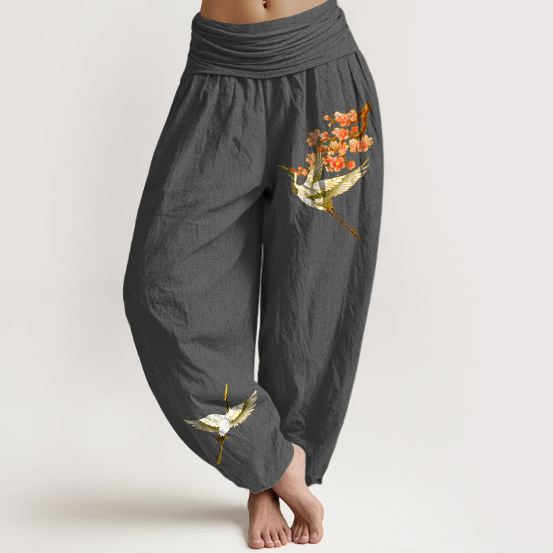 Pantalon sarouel en pur coton à taille élastique pour femme, motif grue et fleur de pêcher, motif Buddha Stones - Gris foncé - US22，UK/AU26，EU54 (6XL) - image 8