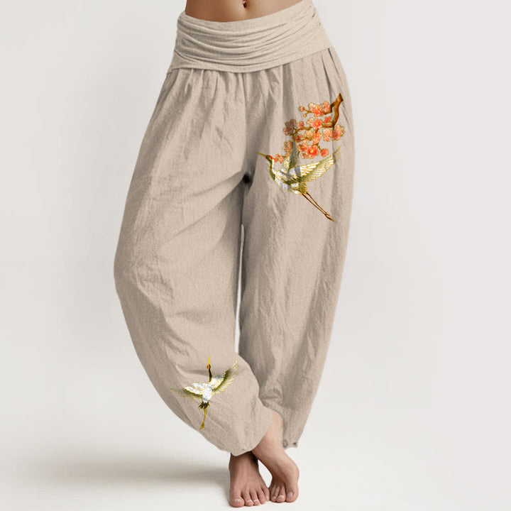 Pantalon sarouel en pur coton à taille élastique pour femme, motif grue et fleur de pêcher, motif Buddha Stones - Tanné - US22，UK/AU26，EU54 (6XL) - image 11