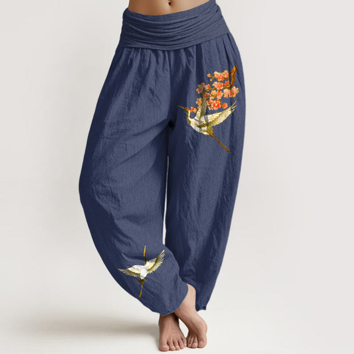 Pantalon sarouel en pur coton à taille élastique pour femme, motif grue et fleur de pêcher, motif Buddha Stones - Bleu ardoise foncé - US22，UK/AU26，EU54 (6XL) - image 5