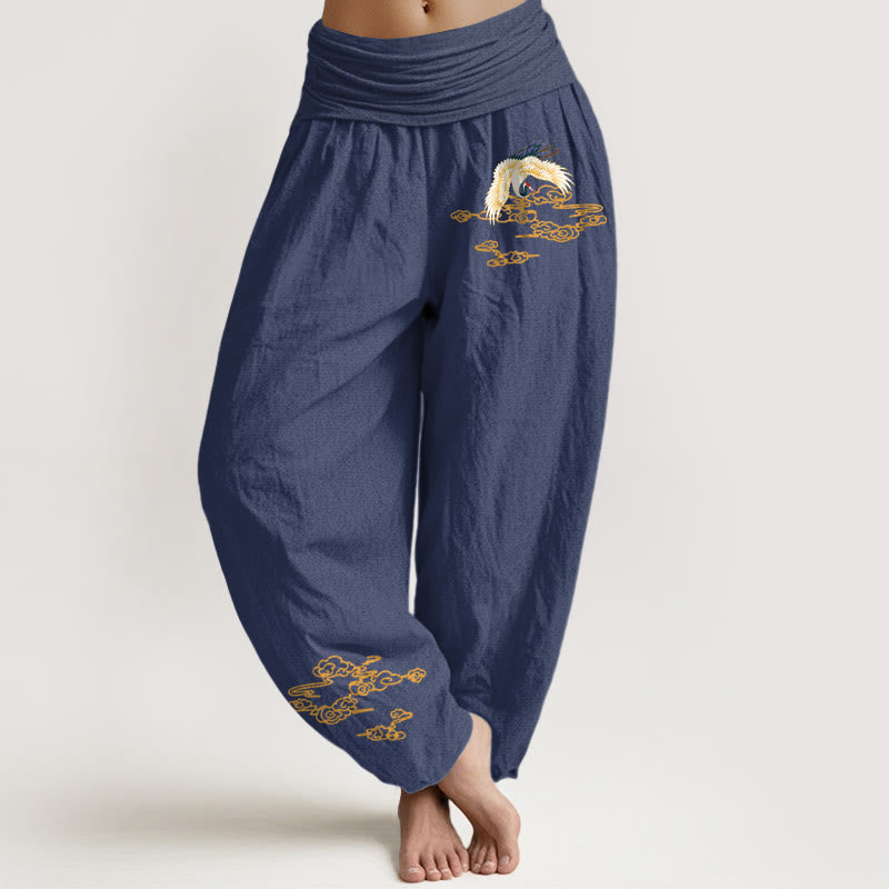 Pantalon sarouel en coton à taille élastique pour femme, motif grue et nuages ​​de bon augure, Buddha Stones - Bleu ardoise foncé - US22，UK/AU26，EU54 (6XL) - image 8