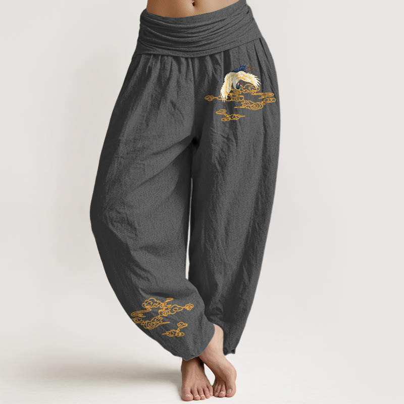 Pantalon sarouel en coton à taille élastique pour femme, motif grue et nuages ​​de bon augure, Buddha Stones - Gris sombre - US22，UK/AU26，EU54 (6XL) - image 0
