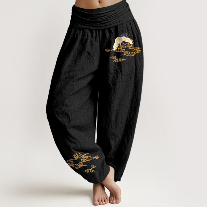 Pantalon sarouel en coton à taille élastique pour femme, motif grue et nuages ​​de bon augure, Buddha Stones - Noir - US22，UK/AU26，EU54 (6XL) - image 5