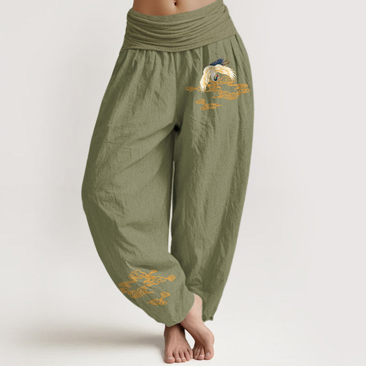 Pantalon sarouel en coton à taille élastique pour femme, motif grue et nuages ​​de bon augure, Buddha Stones - Vert olive - US22，UK/AU26，EU54 (6XL) - image 14