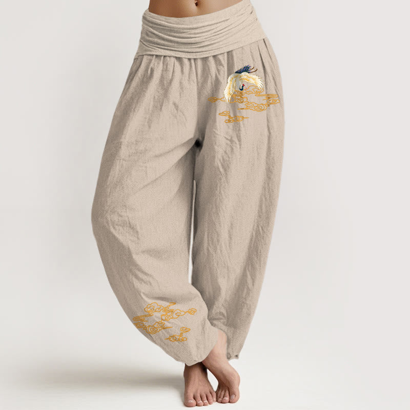 Pantalon sarouel en coton à taille élastique pour femme, motif grue et nuages ​​de bon augure, Buddha Stones - Tanné - US22，UK/AU26，EU54 (6XL) - image 11