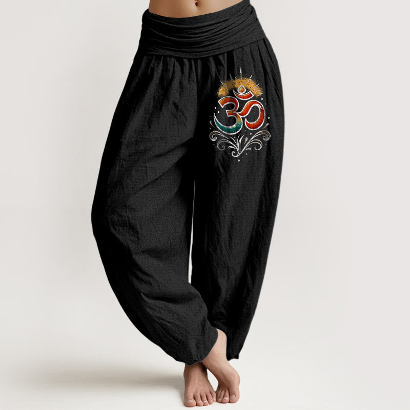 Pantalon sarouel en coton à taille élastique pour femme, motif léger, motif Buddha Stones Om Symbol - Noir - US22，UK/AU26，EU54 (6XL) - image 5