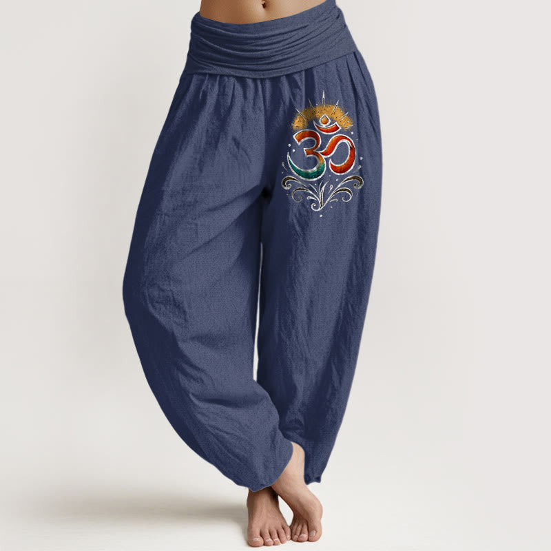 Pantalon sarouel en coton à taille élastique pour femme, motif léger, motif Buddha Stones Om Symbol - Bleu ardoise foncé - US22，UK/AU26，EU54 (6XL) - image 8