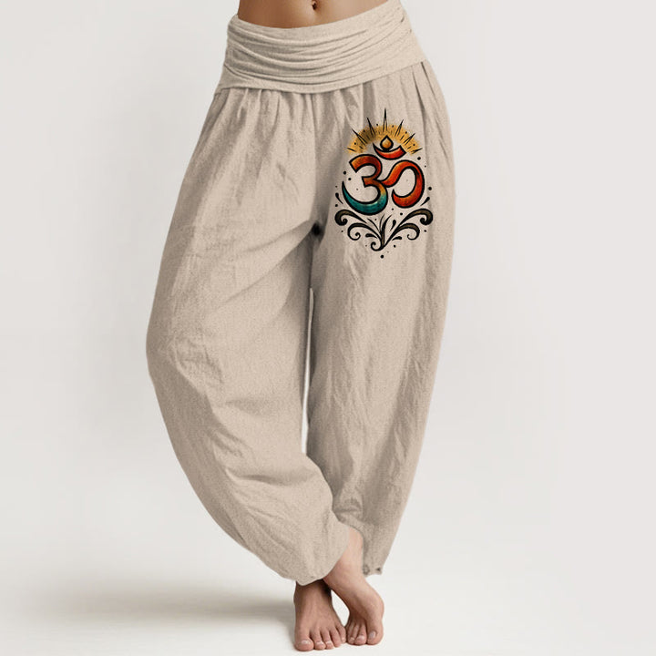 Pantalon sarouel en coton à taille élastique pour femme, motif léger, motif Buddha Stones Om Symbol - Tanné - US22，UK/AU26，EU54 (6XL) - image 0