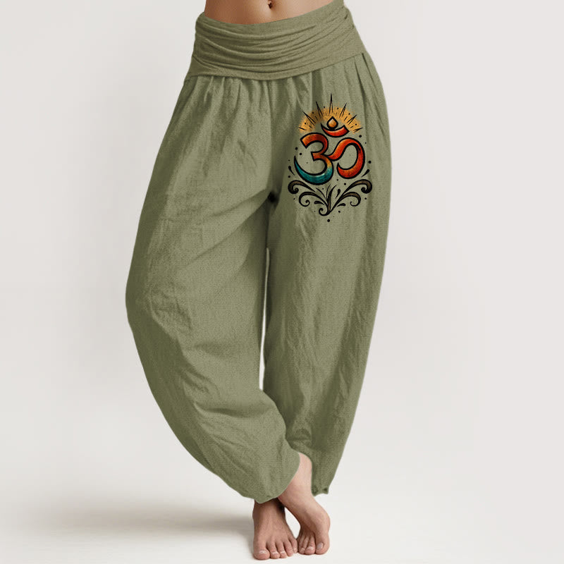 Pantalon sarouel en coton à taille élastique pour femme, motif léger, motif Buddha Stones Om Symbol - Vert olive - US22，UK/AU26，EU54 (6XL) - image 14