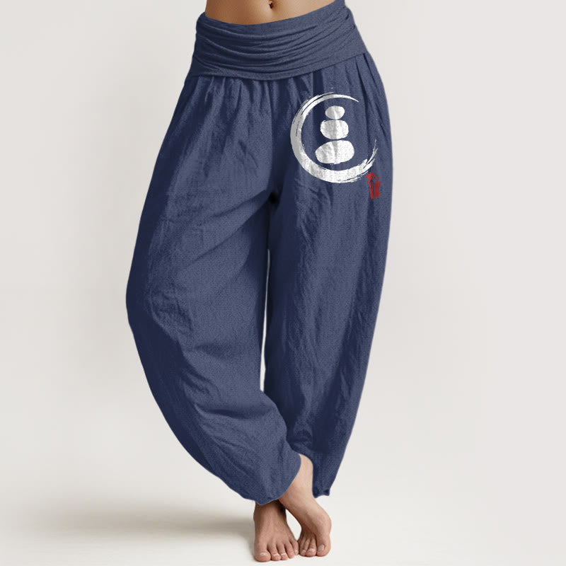 Pantalon sarouel en coton à taille élastique pour femme avec motif de pierres empilées et cercle Ensō Buddha Stones - Bleu ardoise foncé - US22，UK/AU26，EU54 (6XL) - image 8