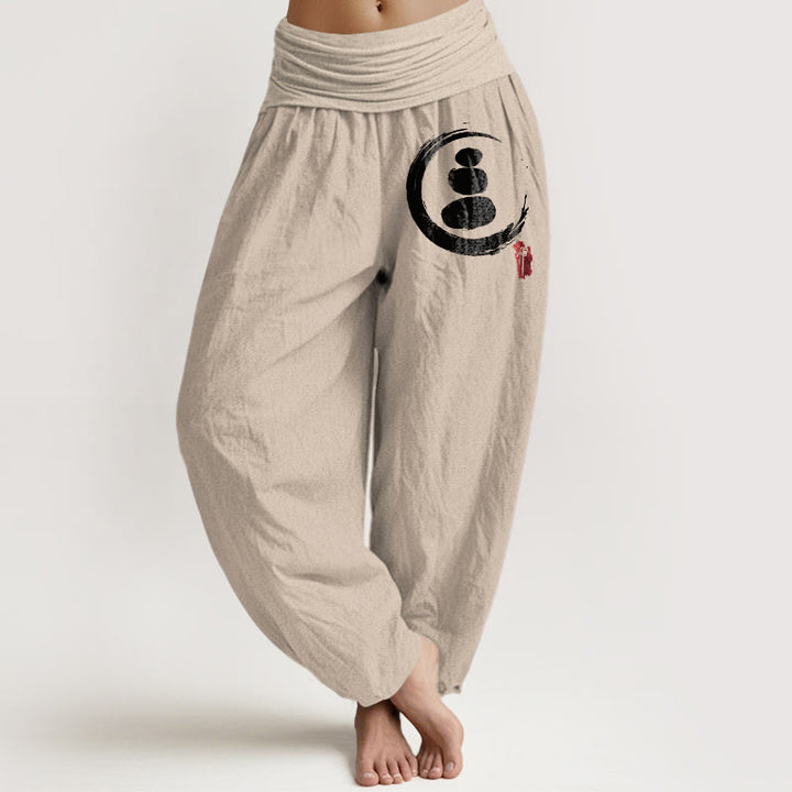 Pantalon sarouel en coton à taille élastique pour femme avec motif de pierres empilées et cercle Ensō Buddha Stones - Tanné - US22，UK/AU26，EU54 (6XL) - image 14