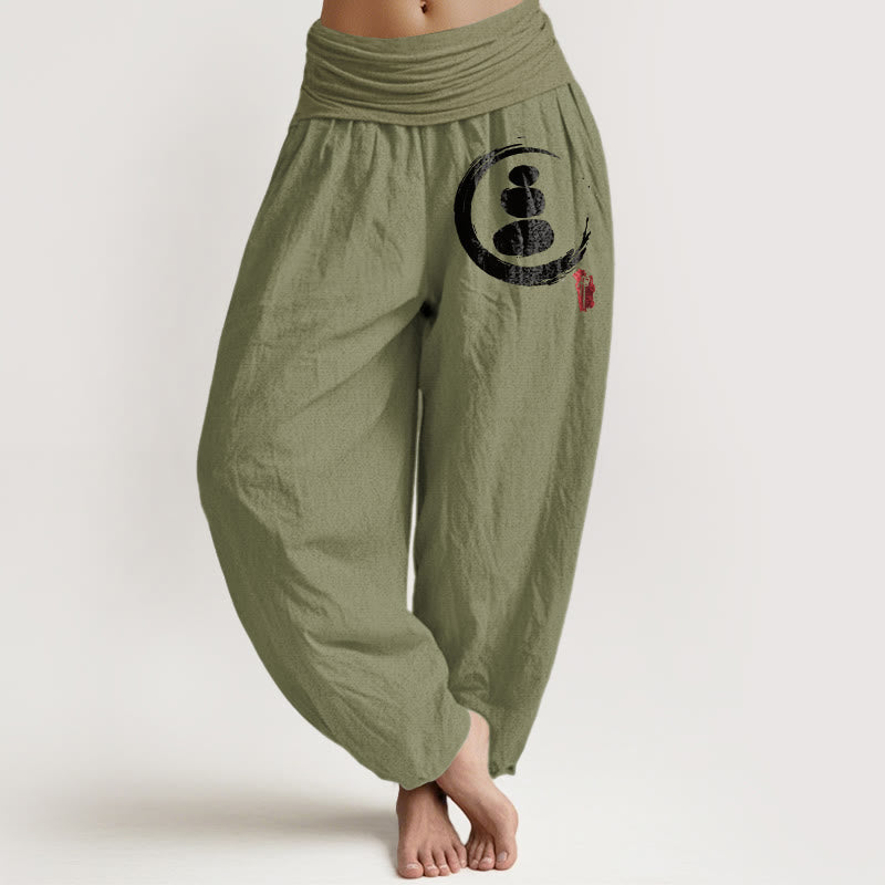 Pantalon sarouel en coton à taille élastique pour femme avec motif de pierres empilées et cercle Ensō Buddha Stones - Vert olive - US22，UK/AU26，EU54 (6XL) - image 0