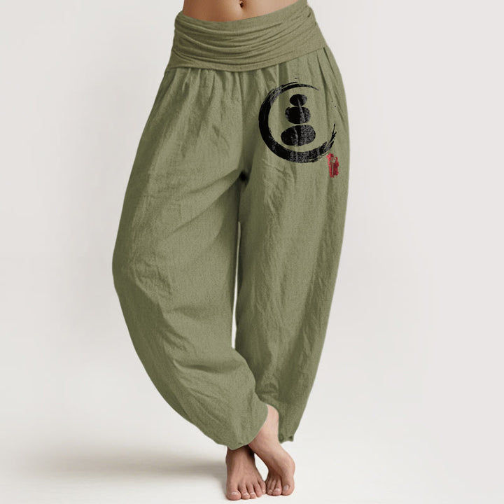 Pantalon sarouel en coton à taille élastique pour femme avec motif de pierres empilées et cercle Ensō Buddha Stones - Vert olive - US22，UK/AU26，EU54 (6XL) - image 0
