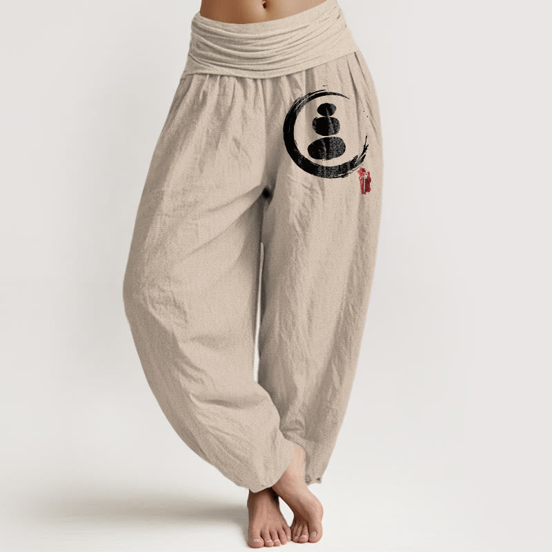 Pantalon sarouel en coton à taille élastique pour femme avec motif de pierres empilées et cercle Ensō Buddha Stones - Tanné - US22，UK/AU26，EU54 (6XL) - image 14