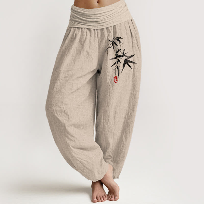Pantalon sarouel taille élastique pour femme, motif zen, pur coton et bambou , Buddha Stones - Tanné - US22，UK/AU26，EU54 (6XL) - image 0