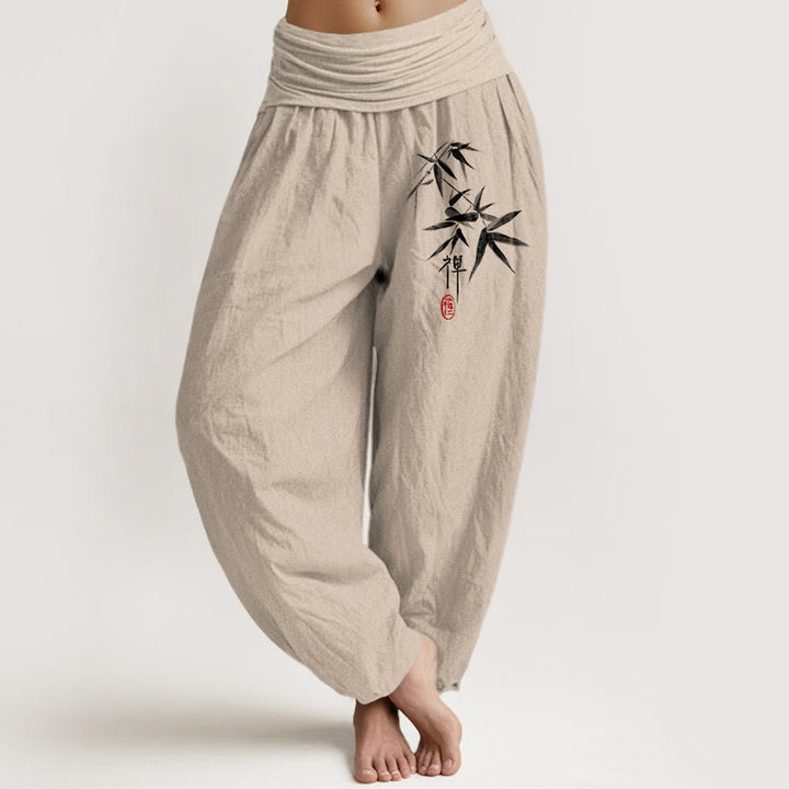 Pantalon sarouel taille élastique pour femme, motif zen, pur coton et bambou , Buddha Stones - Tanné - US22，UK/AU26，EU54 (6XL) - image 0