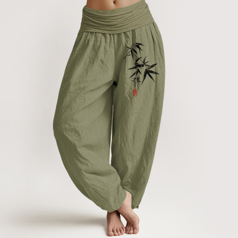 Pantalon sarouel taille élastique pour femme, motif zen, pur coton et bambou , Buddha Stones - Vert olive - US22，UK/AU26，EU54 (6XL) - image 14