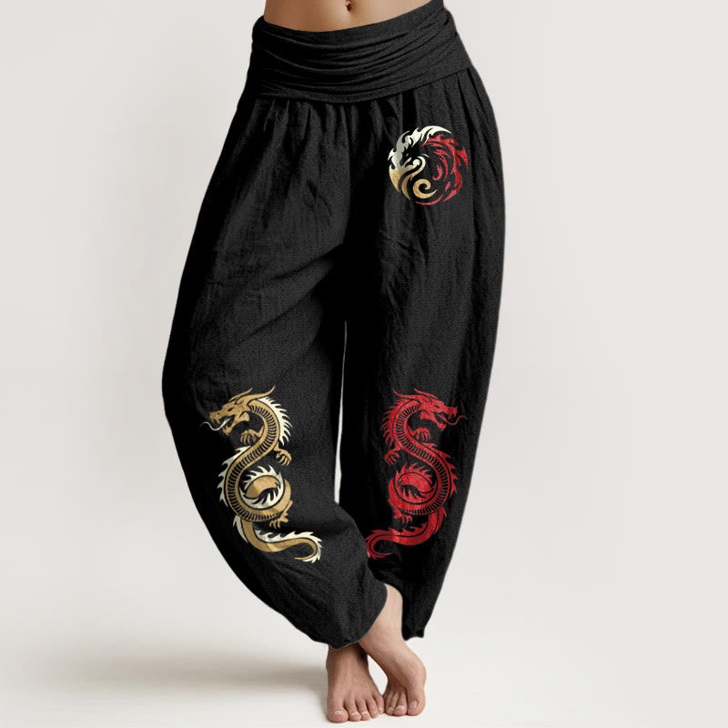 Pantalon sarouel taille élastique en pur coton à motif dragon Buddha Stones pour femme - Noir - US22，UK/AU26，EU54 (6XL) - image 0