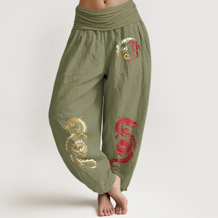 Pantalon sarouel taille élastique en pur coton à motif dragon Buddha Stones pour femme - Vert olive - US22，UK/AU26，EU54 (6XL) - image 14