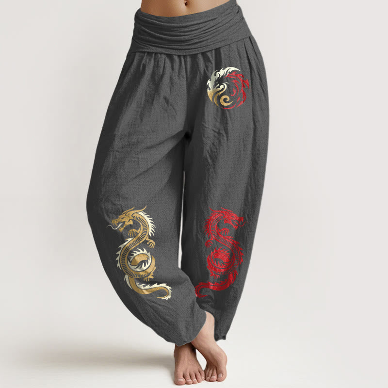 Pantalon sarouel taille élastique en pur coton à motif dragon Buddha Stones pour femme - Gris terne - US22，UK/AU26，EU54 (6XL) - image 8
