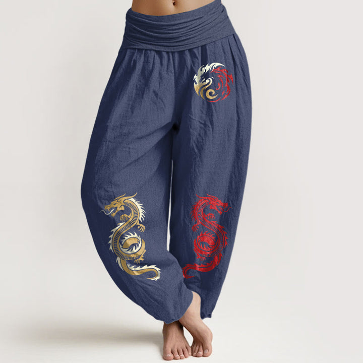 Pantalon sarouel taille élastique en pur coton à motif dragon Buddha Stones pour femme - Bleu ardoise foncé - US22，UK/AU26，EU54 (6XL) - image 5