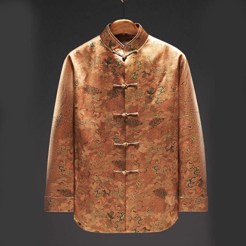 Veste homme manches longues motif Phoenix Auspicious Clouds 100 % Buddha Stones de mûrier 30 momme - verge d'or - US/UK/AU44，EU54 (4XL) - image 0
