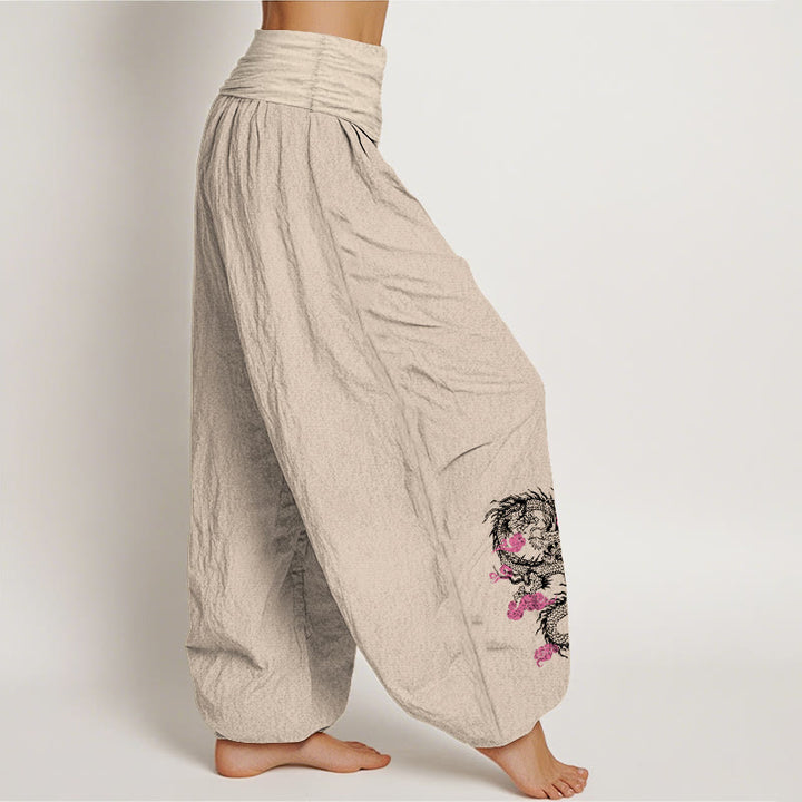 Pantalon sarouel en coton à taille élastique pour femme, motif fleurs, Buddha Stones, dragon, nuages ​​de bon augure - image 12