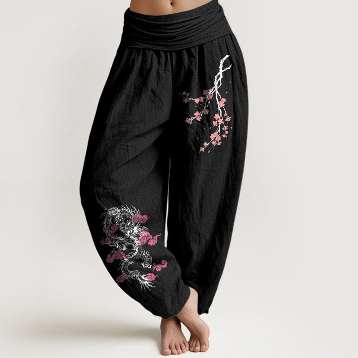 Pantalon sarouel en coton à taille élastique pour femme, motif fleurs, Buddha Stones, dragon, nuages ​​de bon augure - Noir - US22，UK/AU26，EU54 (6XL) - image 0