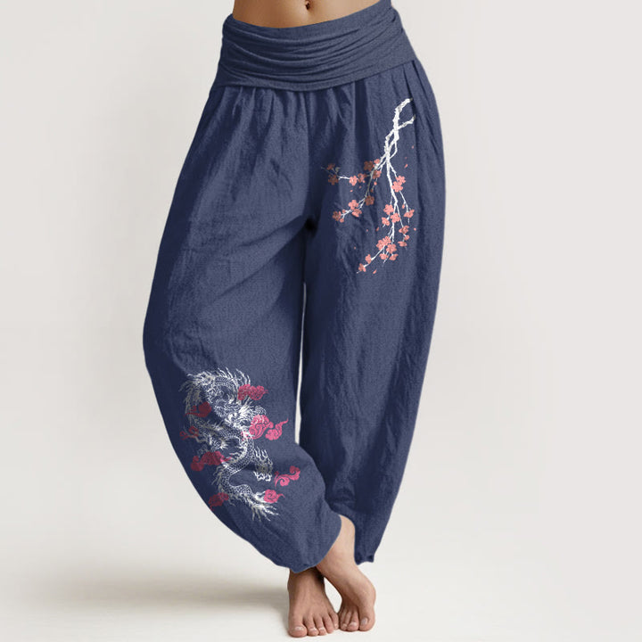 Pantalon sarouel en coton à taille élastique pour femme, motif fleurs, Buddha Stones, dragon, nuages ​​de bon augure - Bleu ardoise foncé - US22，UK/AU26，EU54 (6XL) - image 5
