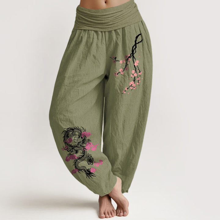 Pantalon sarouel en coton à taille élastique pour femme, motif fleurs, Buddha Stones, dragon, nuages ​​de bon augure - Vert olive - US22，UK/AU26，EU54 (6XL) - image 14