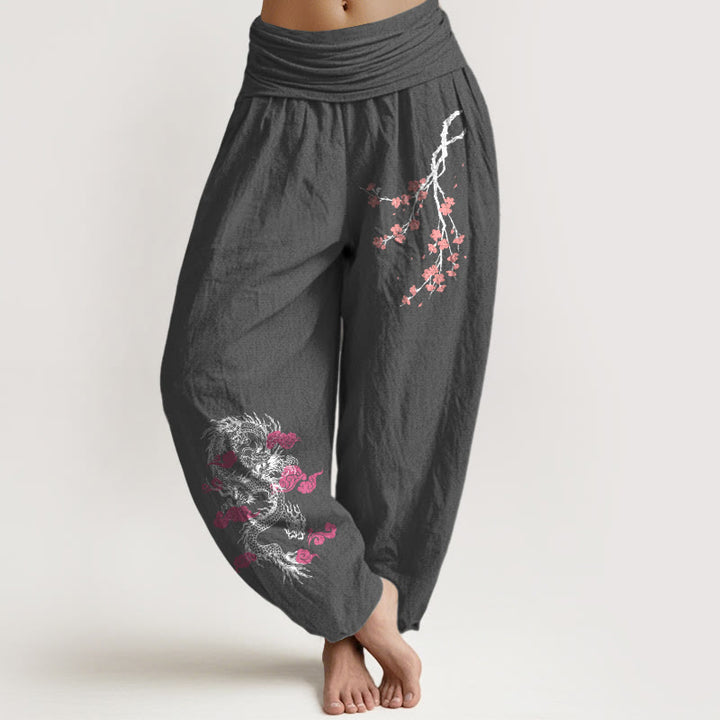 Pantalon sarouel en coton à taille élastique pour femme, motif fleurs, Buddha Stones, dragon, nuages ​​de bon augure - Gris sombre - US22，UK/AU26，EU54 (6XL) - image 8