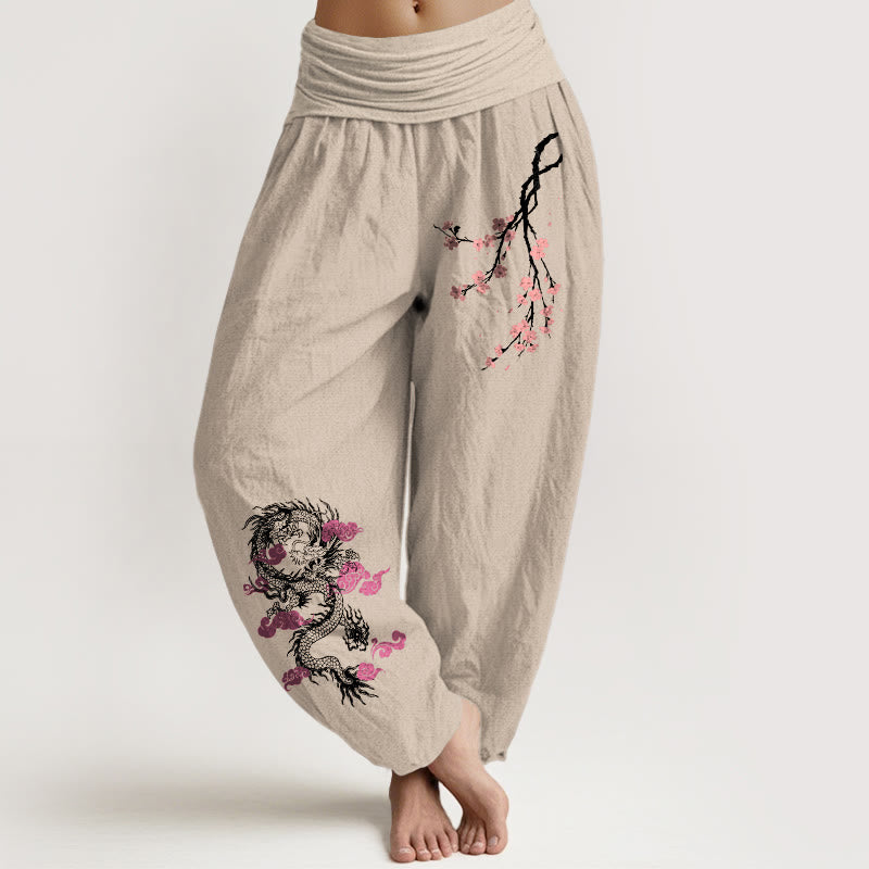 Pantalon sarouel en coton à taille élastique pour femme, motif fleurs, Buddha Stones, dragon, nuages ​​de bon augure - Tanné - US22，UK/AU26，EU54 (6XL) - image 11