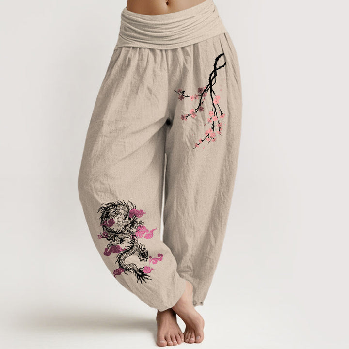 Pantalon sarouel en coton à taille élastique pour femme, motif fleurs, Buddha Stones, dragon, nuages ​​de bon augure - Tanné - US22，UK/AU26，EU54 (6XL) - image 11