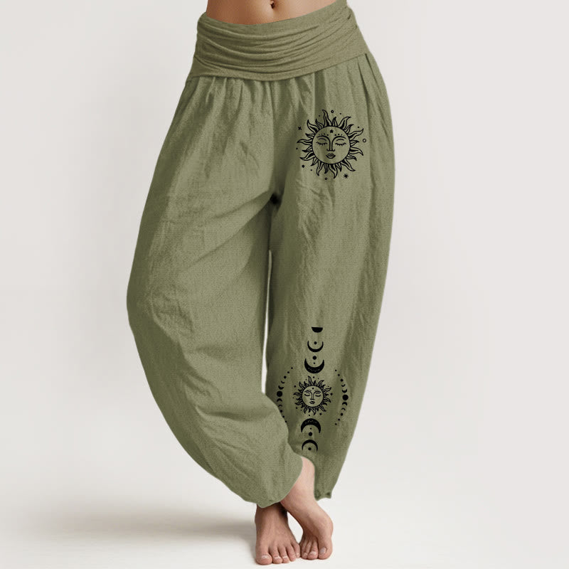 Pantalon sarouel en pur coton à taille élastique pour femme , Buddha Stones, soleil, lune et étoiles - Vert olive - US22，UK/AU26，EU54 (6XL) - image 14